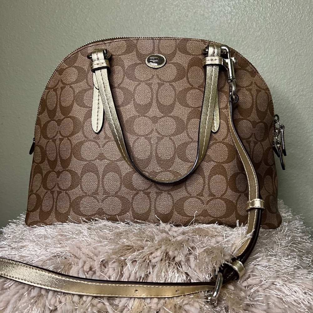 COACH Peyton in Signature Monogram Canvas & Leather Cora Domed Satchel Handbag